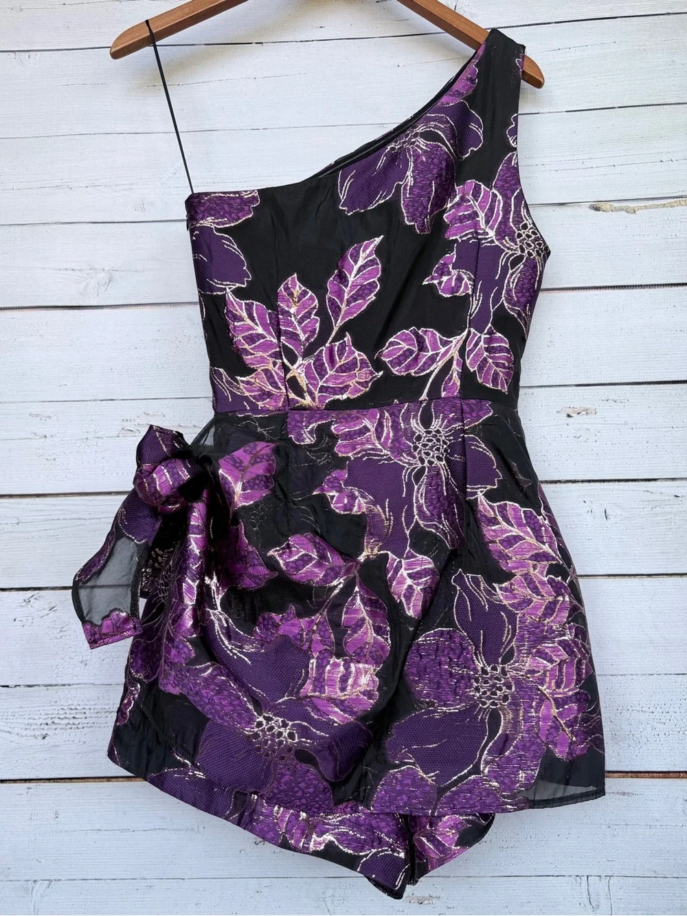 CIEBON Purple Metallic Floral Brocade One Shoulder Romper Bow Dress - Size XS